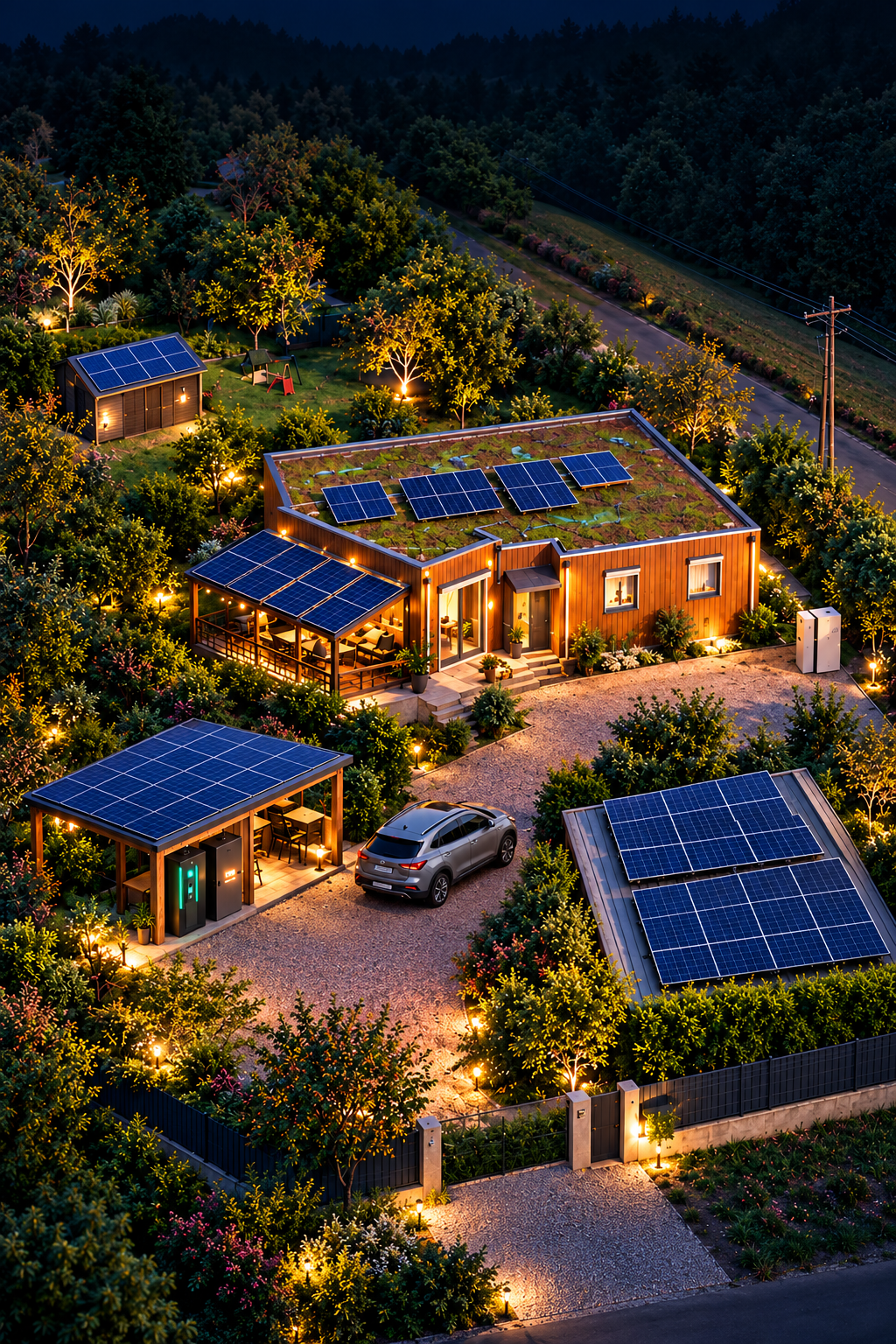 Vue aérienne nocturne de la maison en bois à toit végétalisé, cinq espaces photovoltaïques, Kona gris dans l’allée et batterie sous le carport jardin.